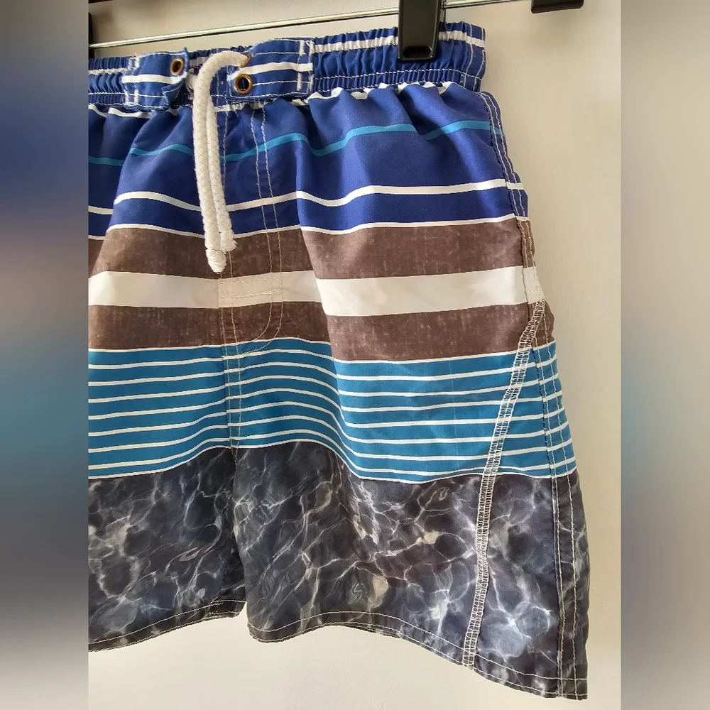 3T Quad Seven blue, gray and white swim trunks Vacation Spring Break beach shore